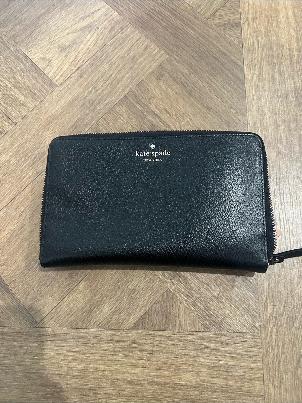 kate spade Black Leather Zip Wallet with Gold Logo